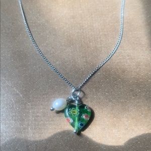 Millefiori Italian 💚 heart bead charm pendant necklace pearl multicolor floral